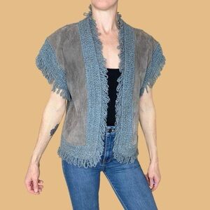 Vintage LeRoy Knitwear Grey Blue Leather Fringe Bohemian Cardigan